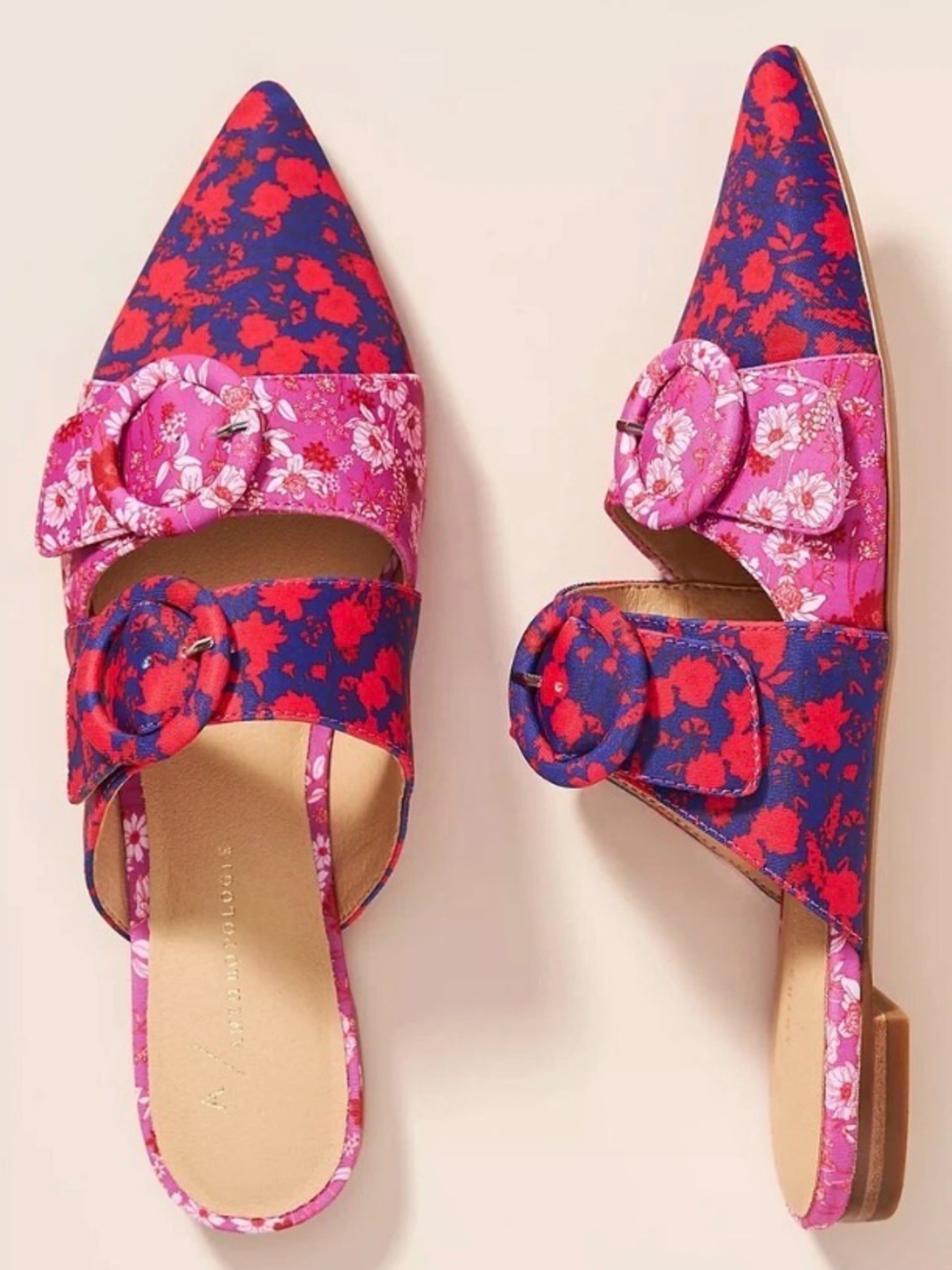Anthropologie Flavia Floral Pointed Toe Buckle Flats Mules Size 7.5